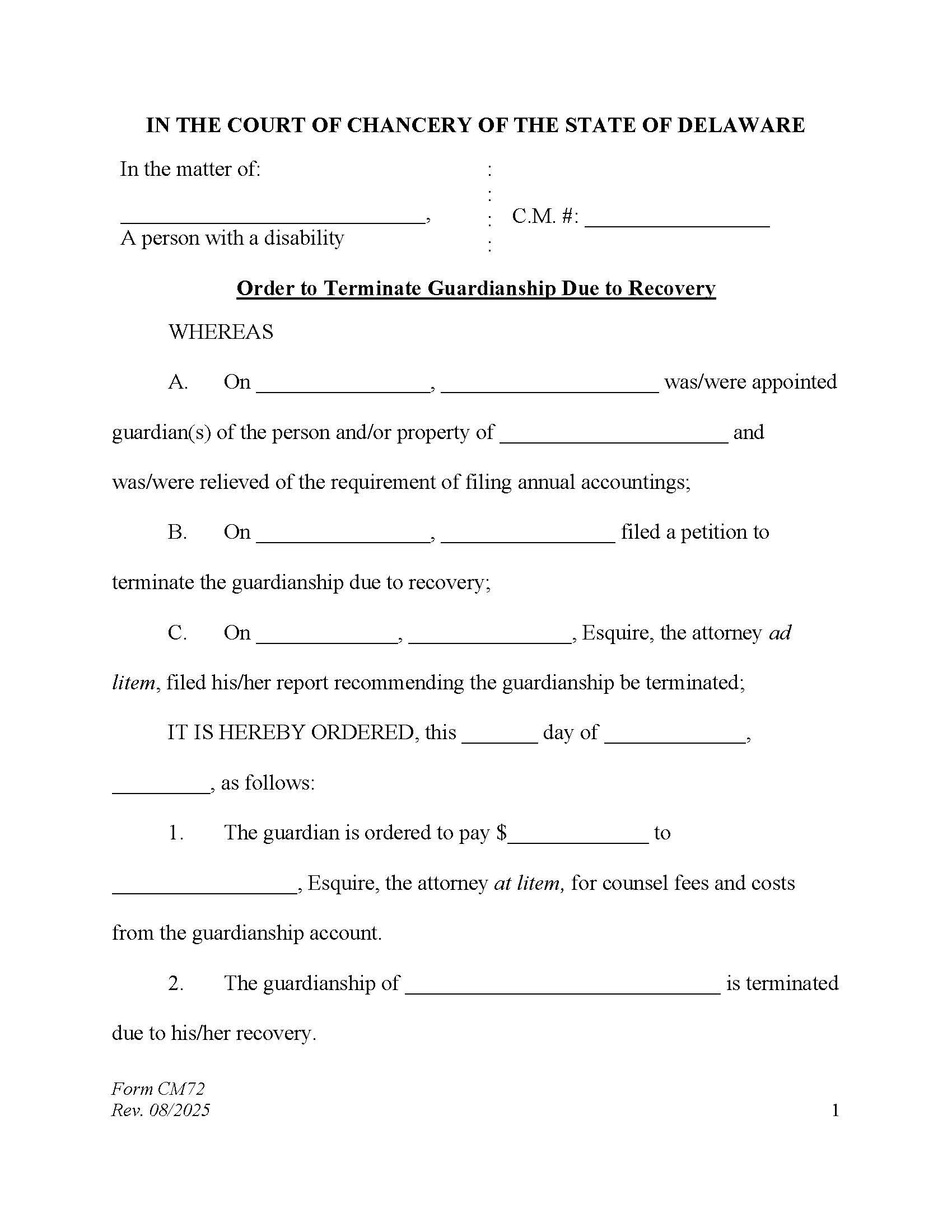 Order To Terminate Due To Recovery (Accountings Waived) {CM72} | Pdf Fpdf Docx | Delaware