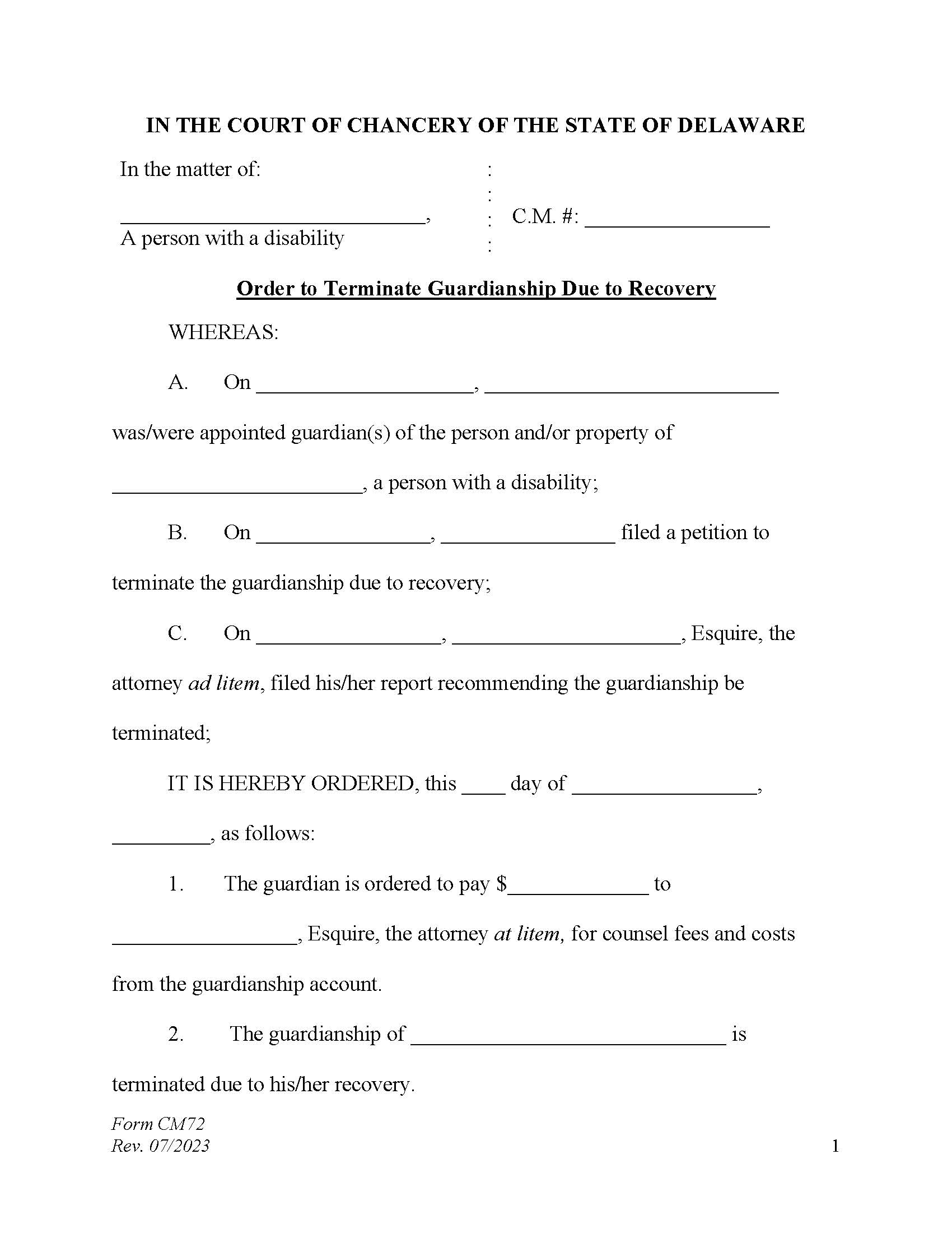 Order To Terminate Due To Recovery (Final Accountings Due) {CM72} | Pdf Fpdf Docx | Delaware