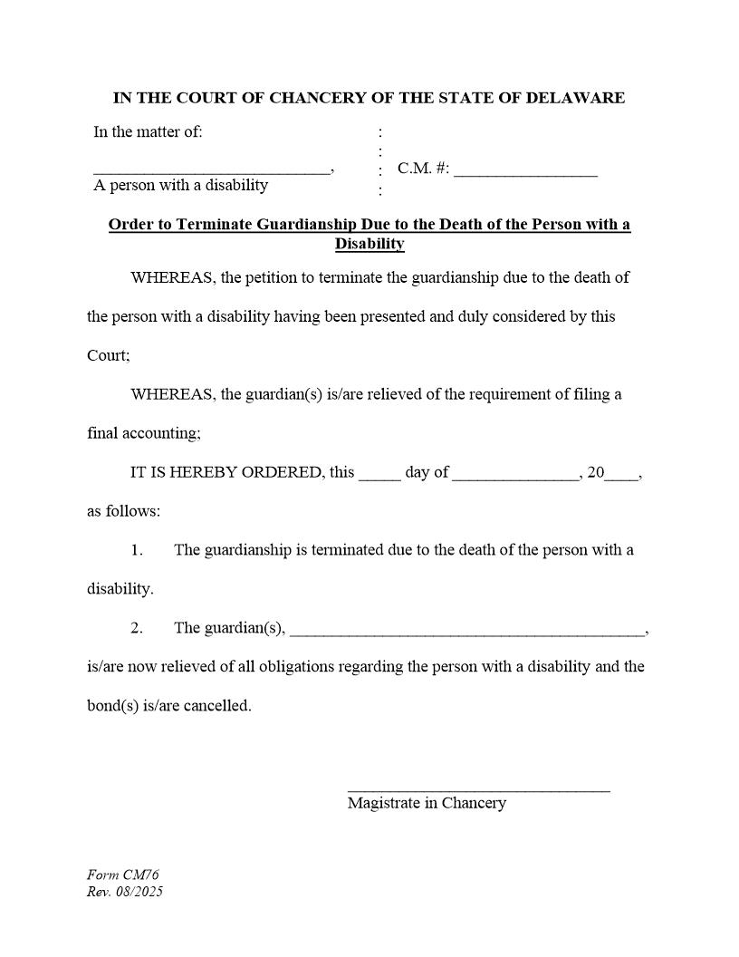Order To Terminate Guardianship Due To Death-Accounting Waived {CM76} | Pdf Fpdf Docx | Delaware
