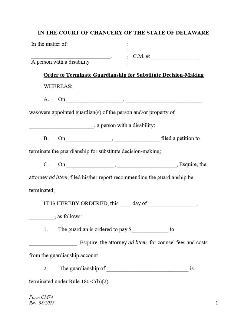 Order To Terminate In Favor Of Substitute Decision Making (Final Accounting Required) {CM74} | Pdf Fpdf Docx | Delaware