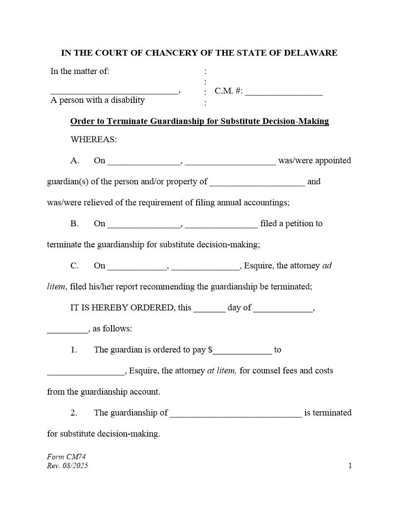 Order To Terminate In Favor Of Substitute Decision Making (No Accounting Required) {CM74} | Pdf Fpdf Docx | Delaware