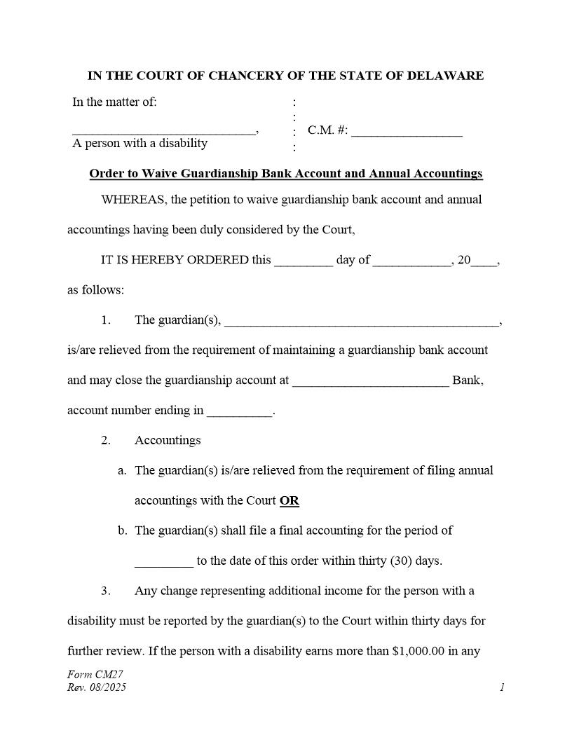 Order To Waive Accountings {CM27} | Pdf Fpdf Docx | Delaware
