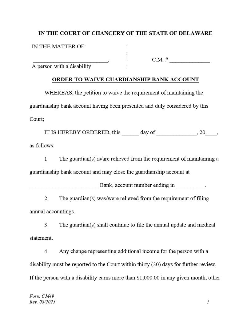 Order To Waive Guardianship Bank Account {CM49} | Pdf Fpdf Docx | Delaware