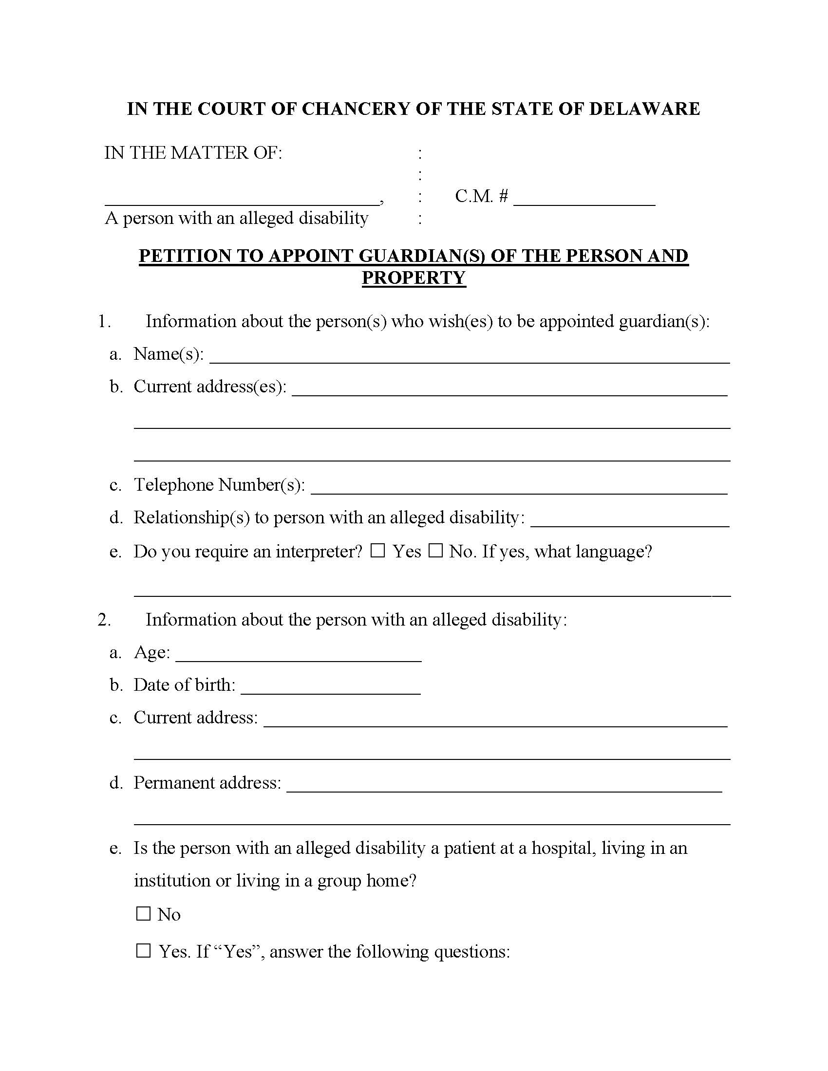 Petition For Guardianship Of A Disabled Persons Person And Property {CM1} | Pdf Fpdf Docx | Delaware