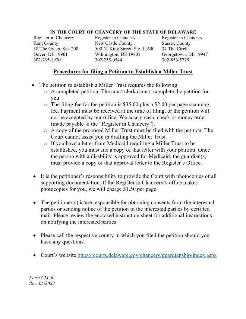 Petition To Establish A Miller Trust {CM50} | Pdf Fpdf Docx | Delaware
