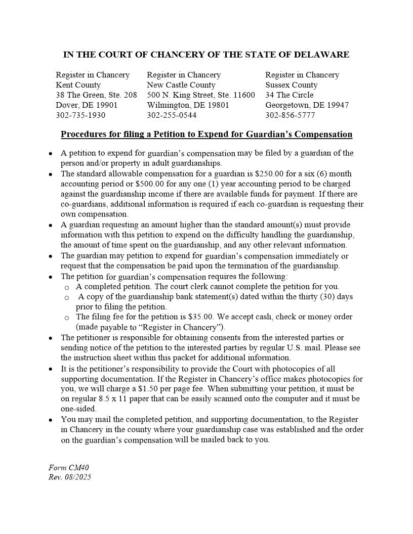 Petition To Expend For Guardians Compensation (Adult Guardianship Only) {CM40} | Pdf Fpdf Docx | Delaware