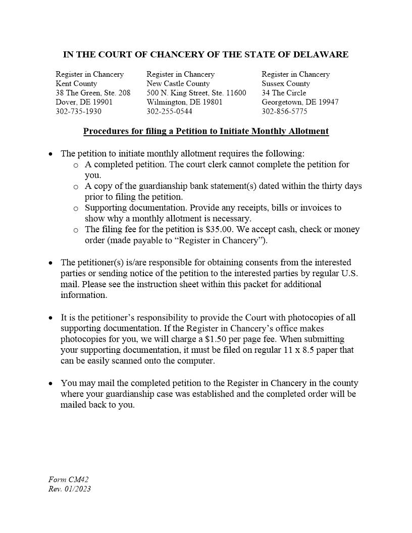 Petition To Initiate Monthly Allotment {CM42} | Pdf Fpdf Docx | Delaware
