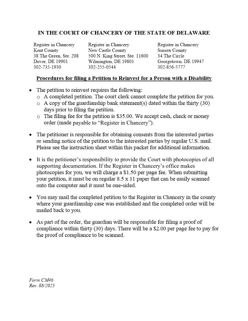 Petition To Reinvest Funds {CM46} | Pdf Fpdf Docx | Delaware
