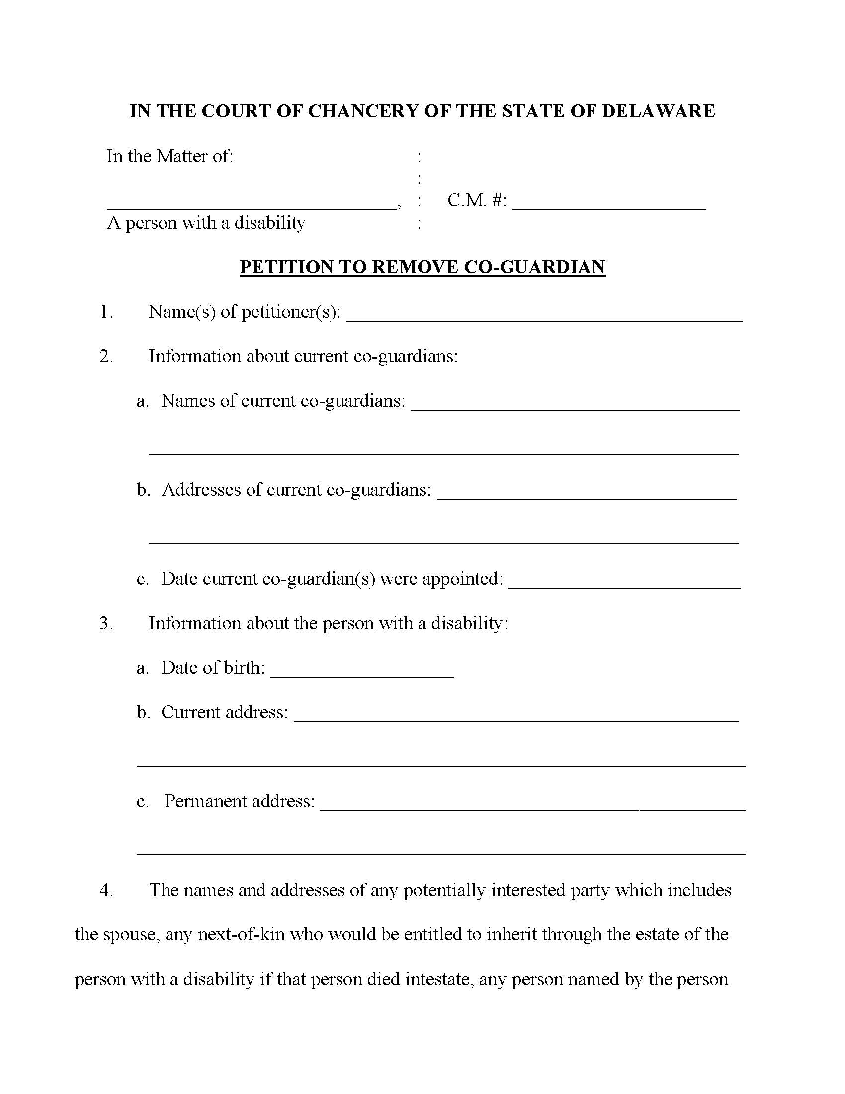 Petition To Remove Co-Guardian {CM30} | Pdf Fpdf Docx | Delaware