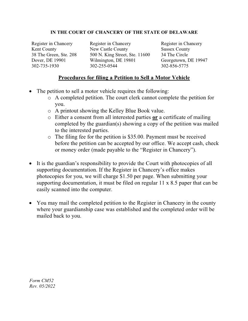 Petition To Sell Motor Vehicle {CM52} | Pdf Fpdf Doc Docx | Delaware