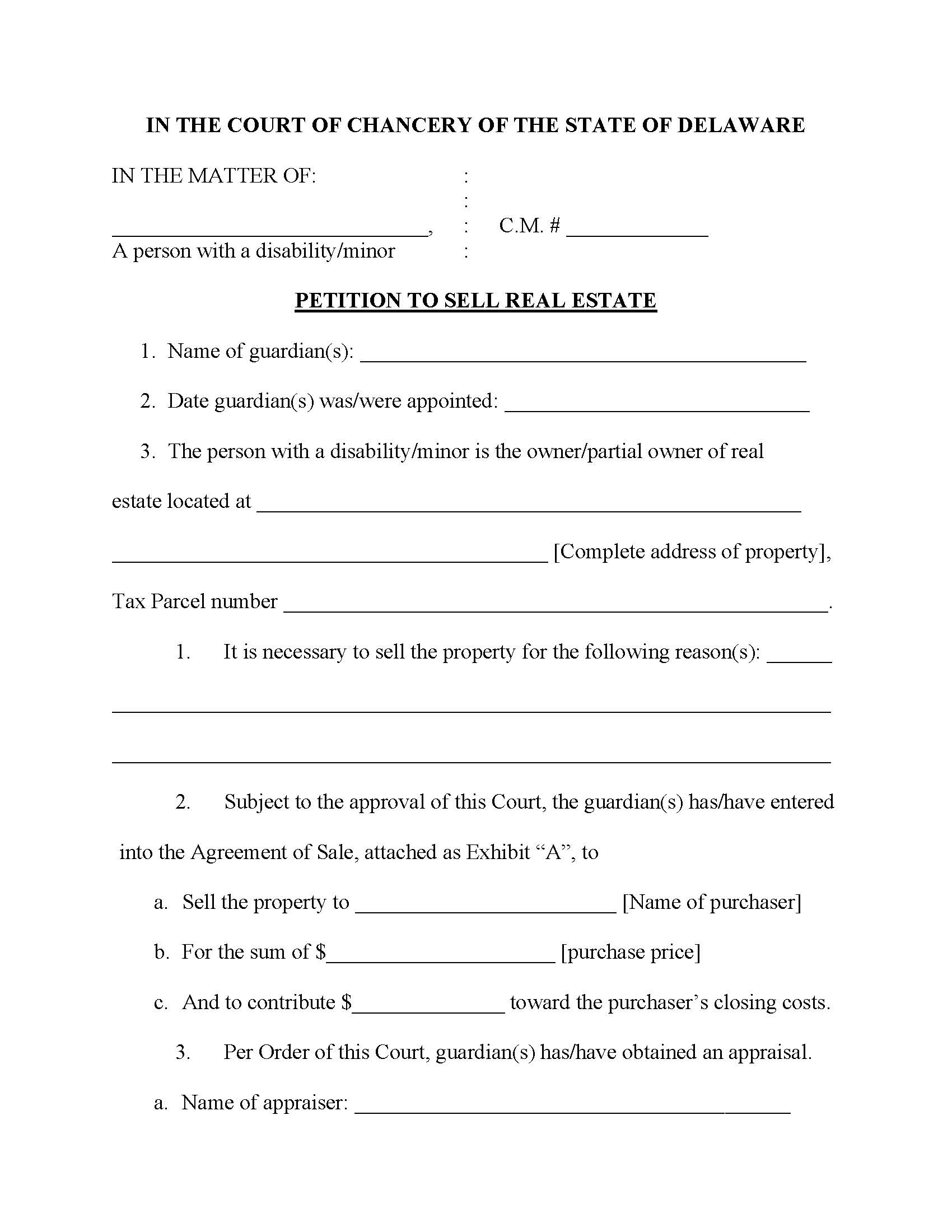 Petition To Sell Real Estate {CM63} | Pdf Fpdf Docx | Delaware