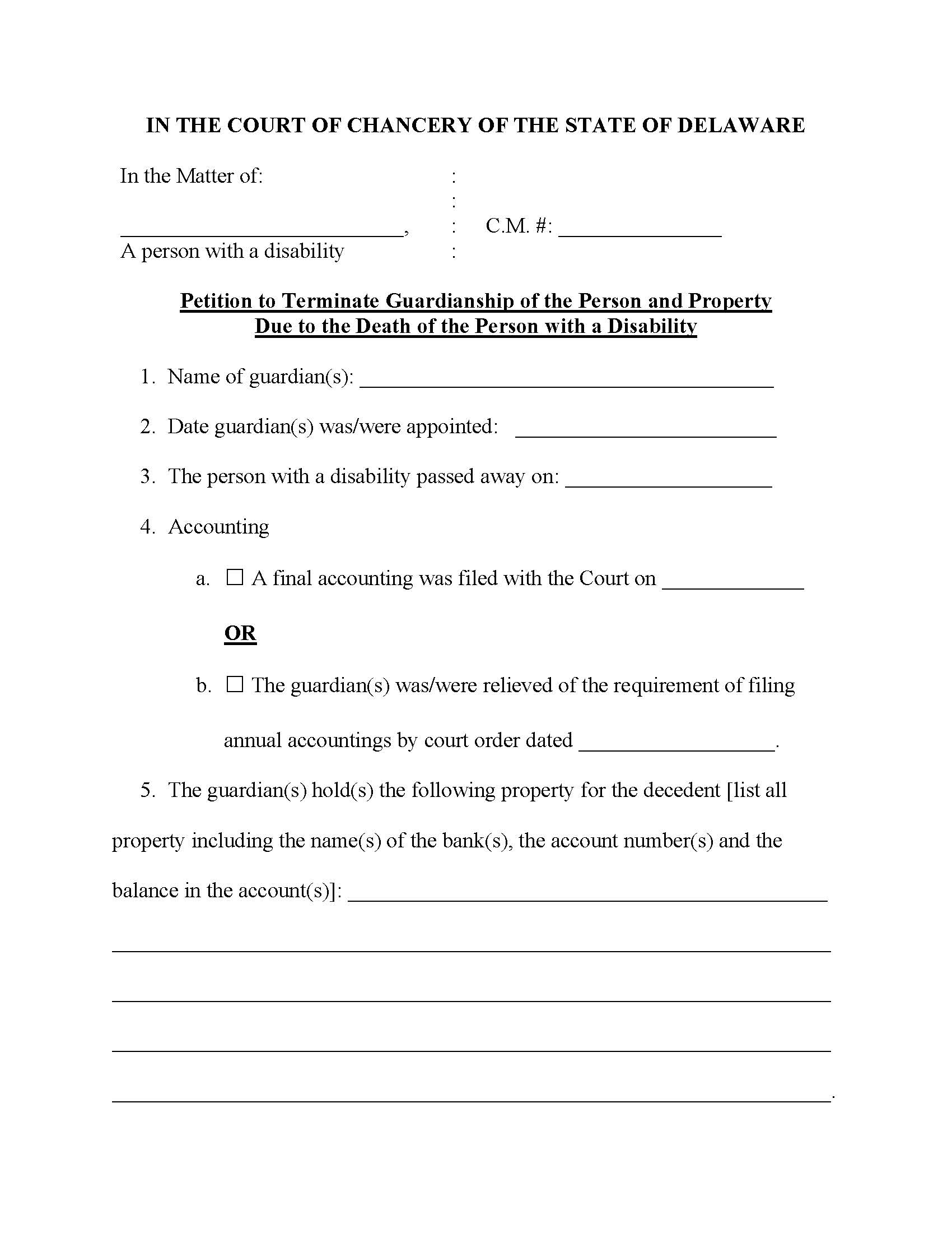 Petition To Terminate Due To Death Of The Person With A Disability (Person-Property) {CM75} | Pdf Fpdf Docx | Delaware