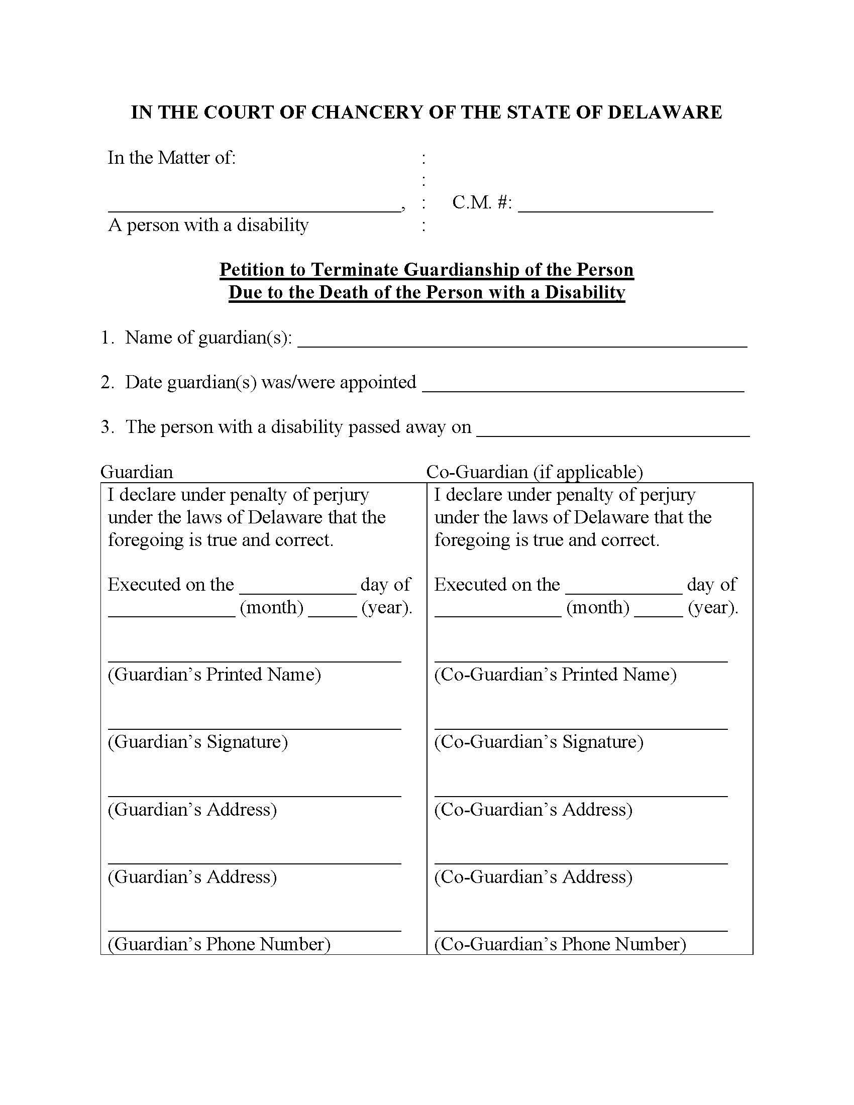 Petition To Terminate Due To Death Of The Person With A Disability-Person Only {CM77} | Pdf Fpdf Docx | Delaware