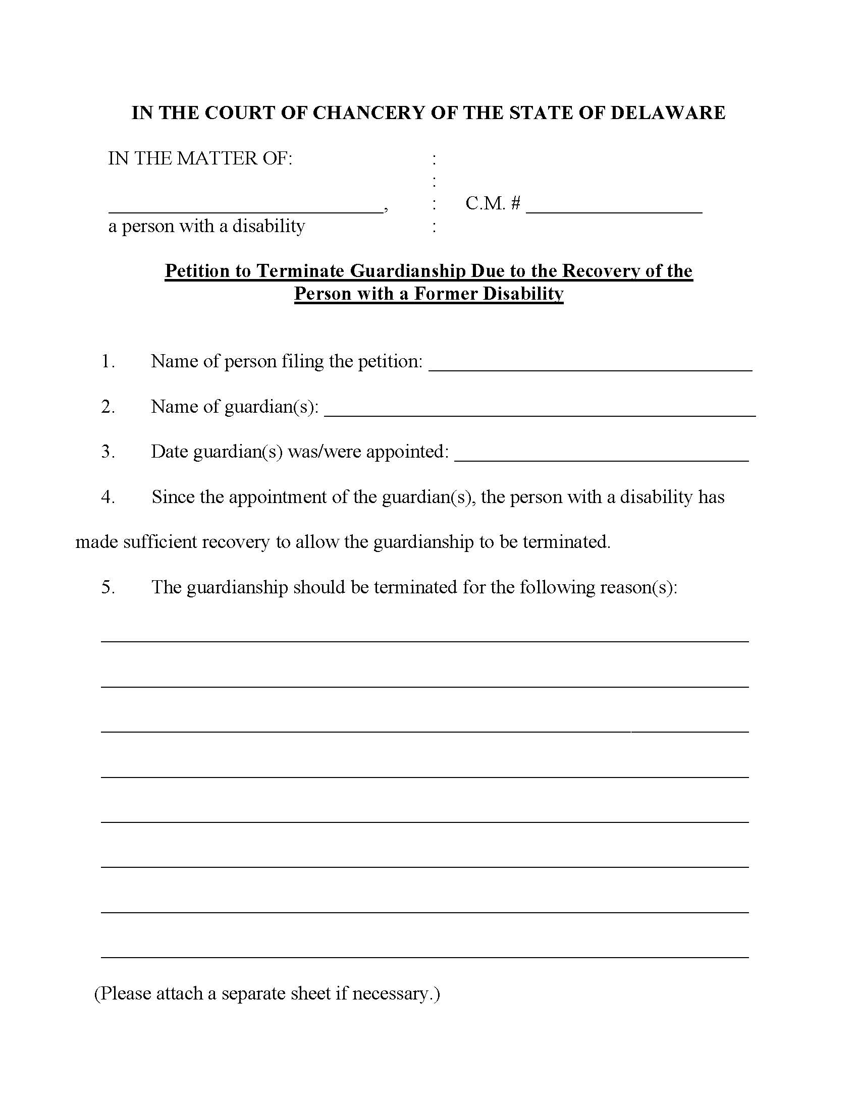 Petition To Terminate Guardianship Due To Recovery {CM70} | Pdf Fpdf Docx | Delaware