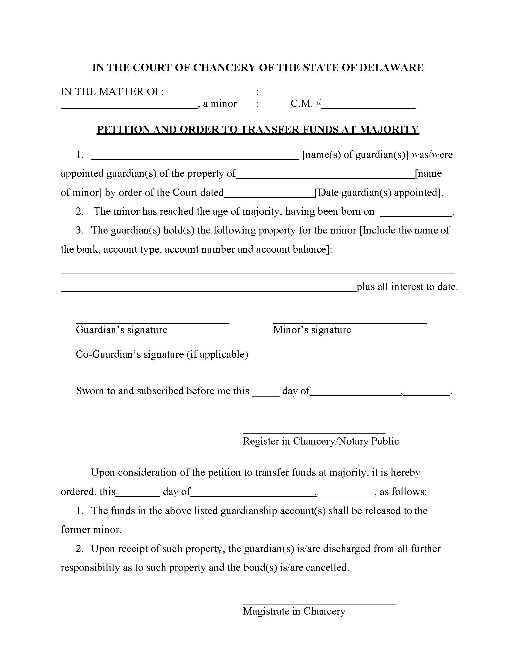 Petition To Transfer Funds At Majority (Packet) {CM113} | Pdf Fpdf Doc Docx | Delaware
