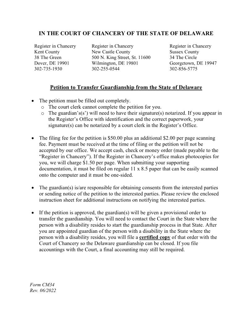 Petition To Transfer Guardianship From The State Of Delaware Packet {CM34} | Pdf Fpdf Docx | Delaware