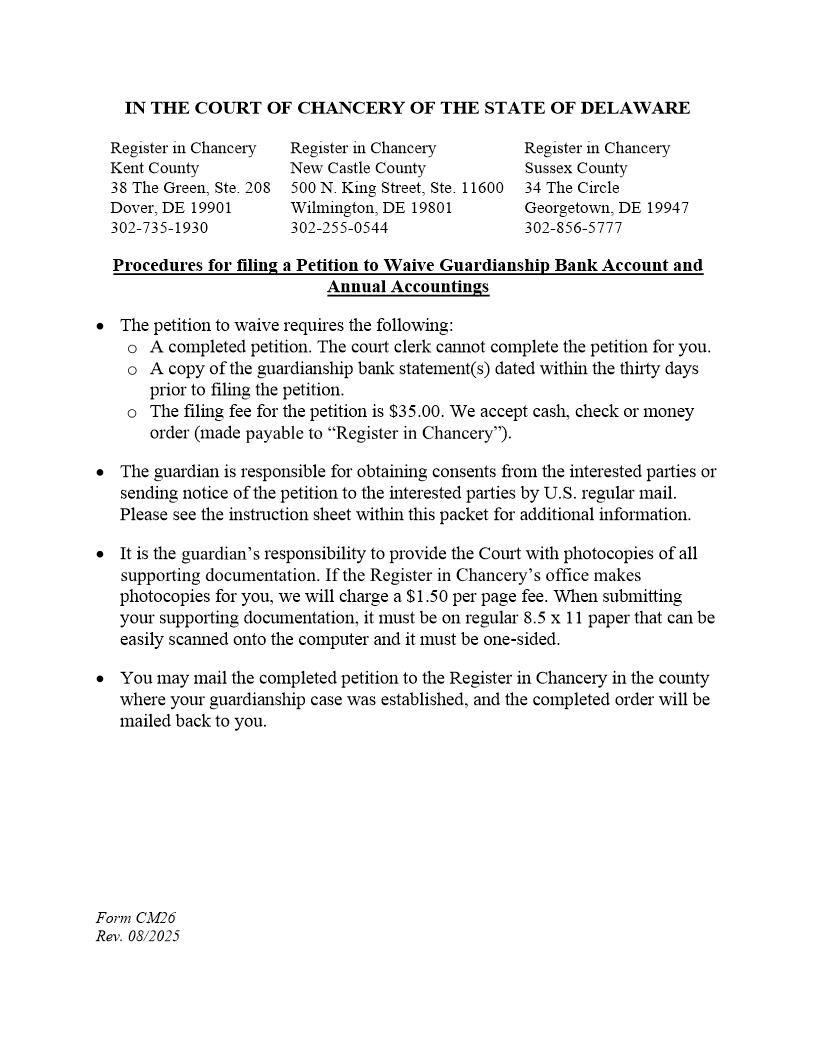 Petition To Waive Annual Accountings (Packet) {CM26} | Pdf Fpdf Docx | Delaware