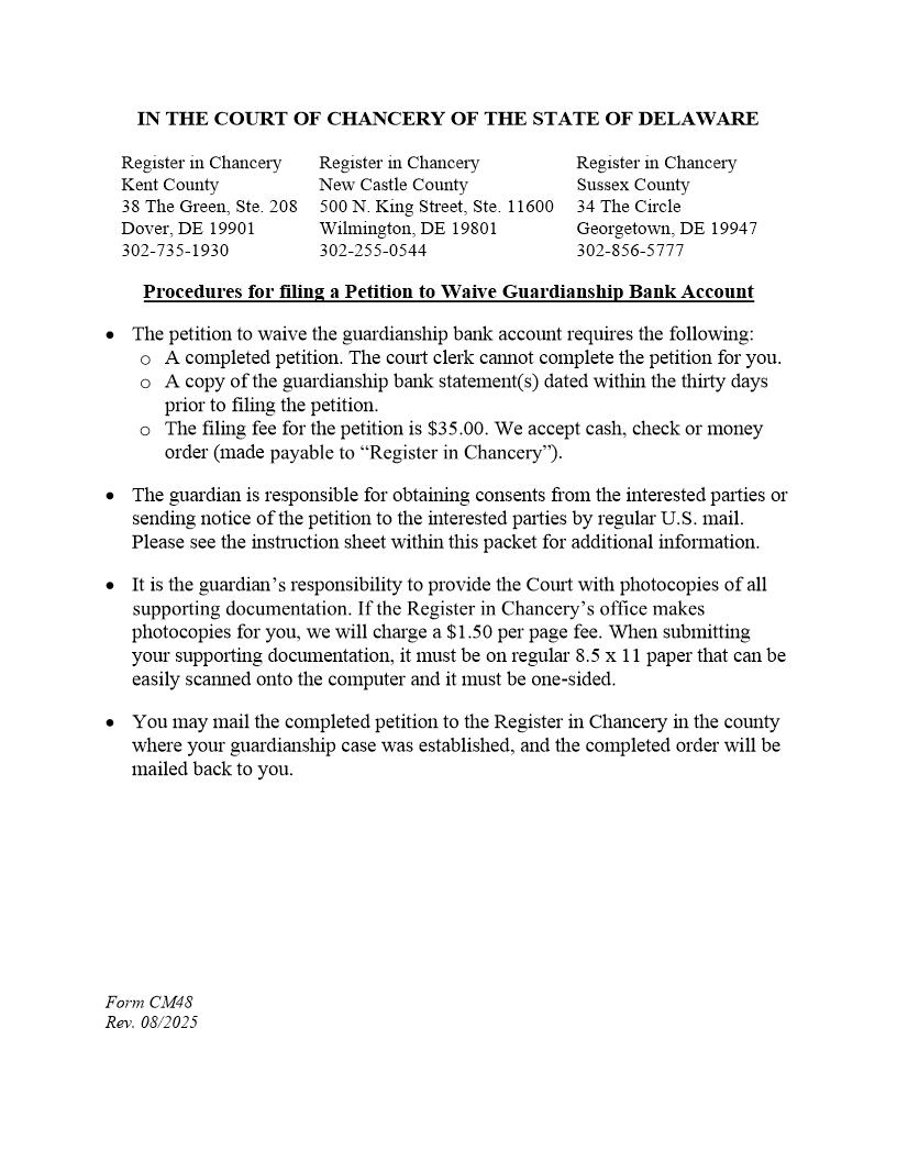 Petition To Waive Guardianship Bank Account {CM48} | Pdf Fpdf Docx | Delaware