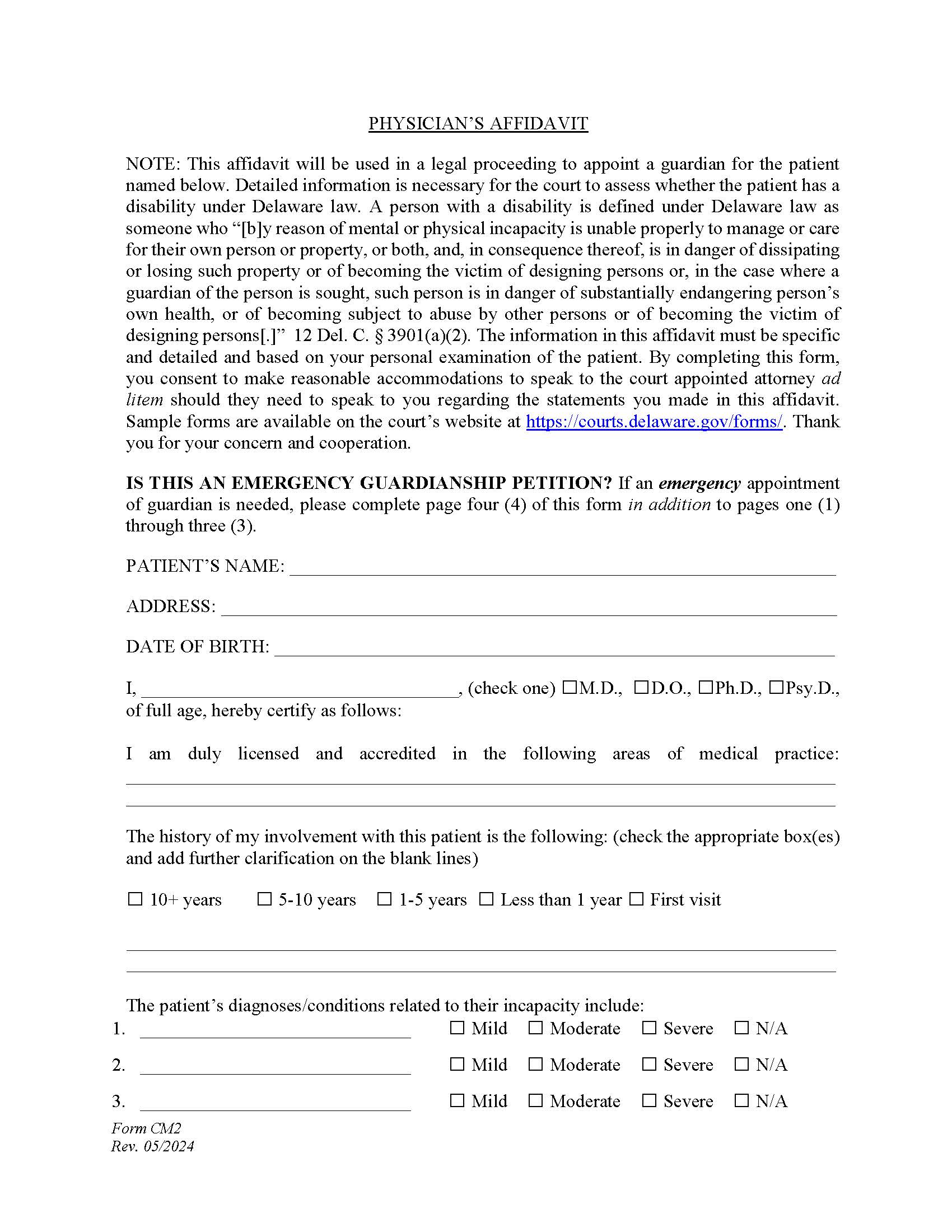 Physicians Affidavit (Guardianship) {CM2} | Pdf Fpdf Docx | Delaware