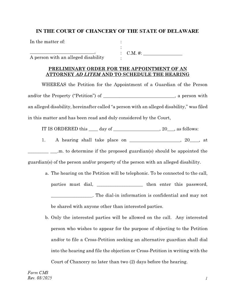 Preliminary Order {CM8} | Pdf Fpdf Docx | Delaware