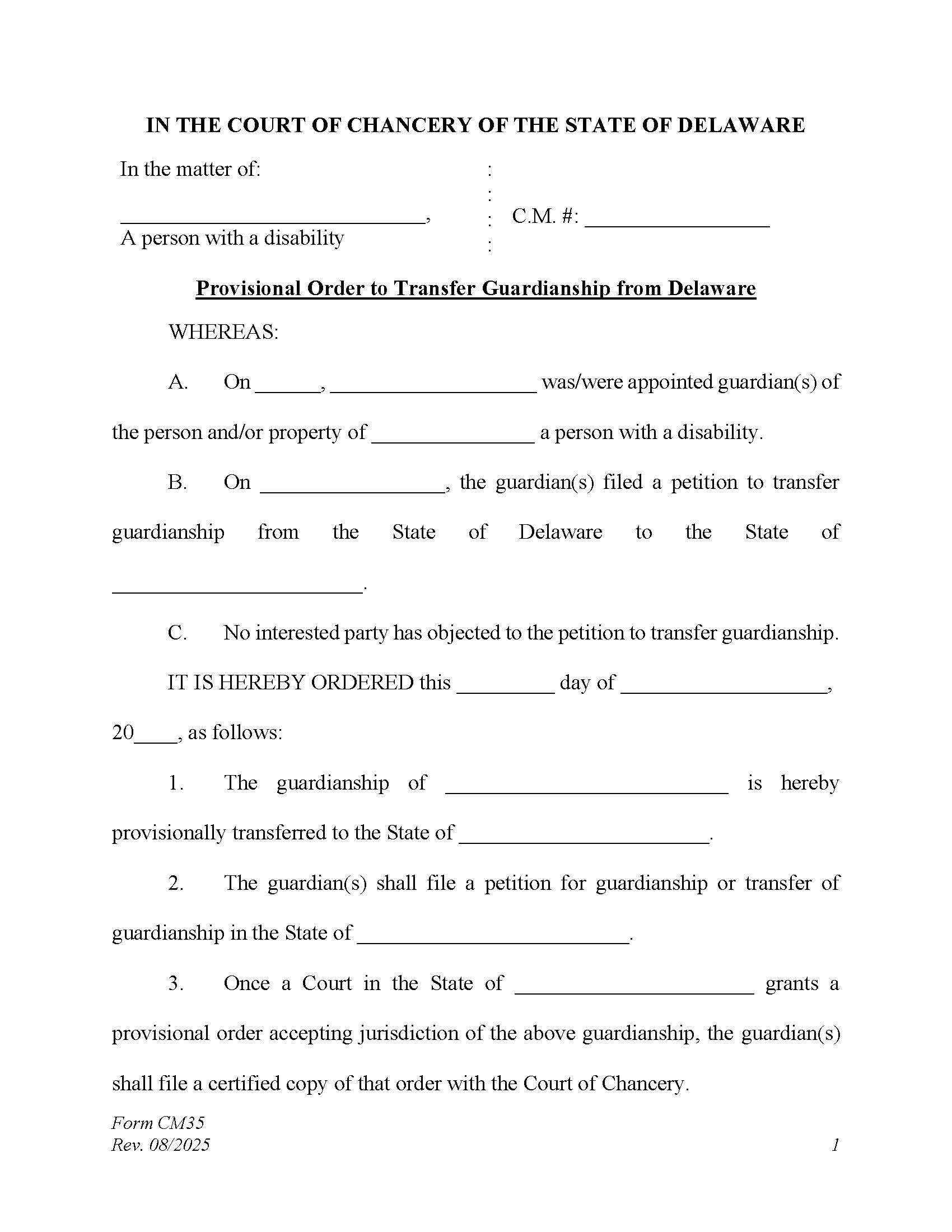 Provisional Order To Transfer Guardianship From The State Of Delaware {CM35} | Pdf Fpdf Doc Docx | Delaware