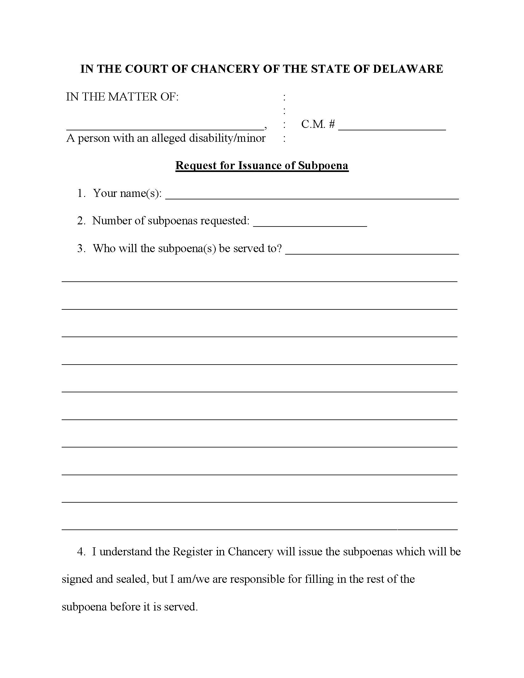 Request For Issuance Of Subpoena (Guardianships) {CM163} | Pdf Fpdf Docx | Delaware