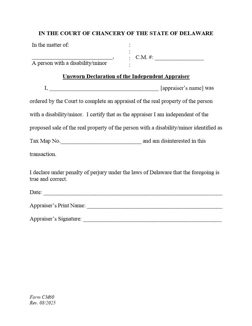Unsworn Declaration Of Independent Appraiser (For Sale of Real Estate) {CM60} | Pdf Fpdf Docx | Delaware