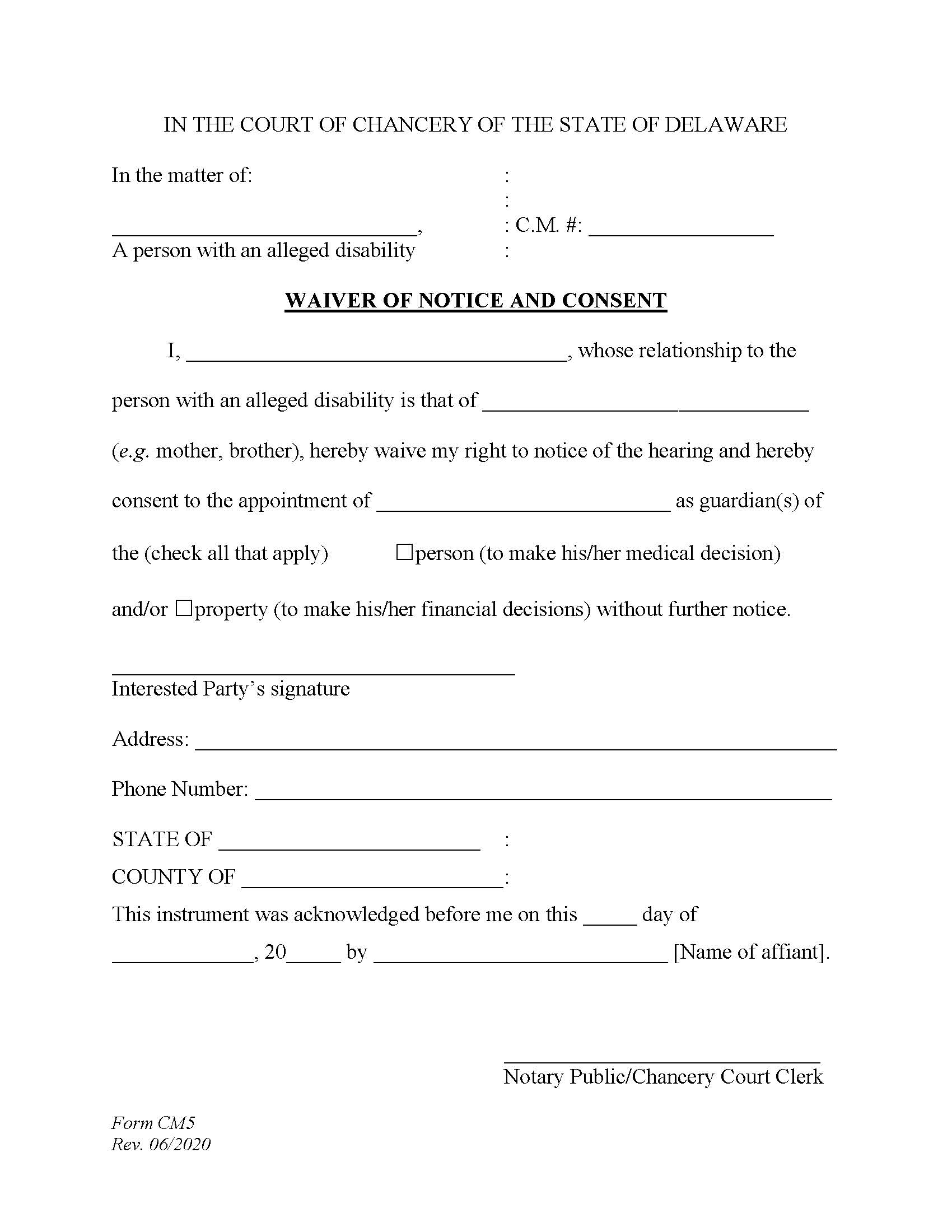 Waiver Of Notice And Consent (Guardianship) {CM5} | Pdf Fpdf Doc Docx | Delaware