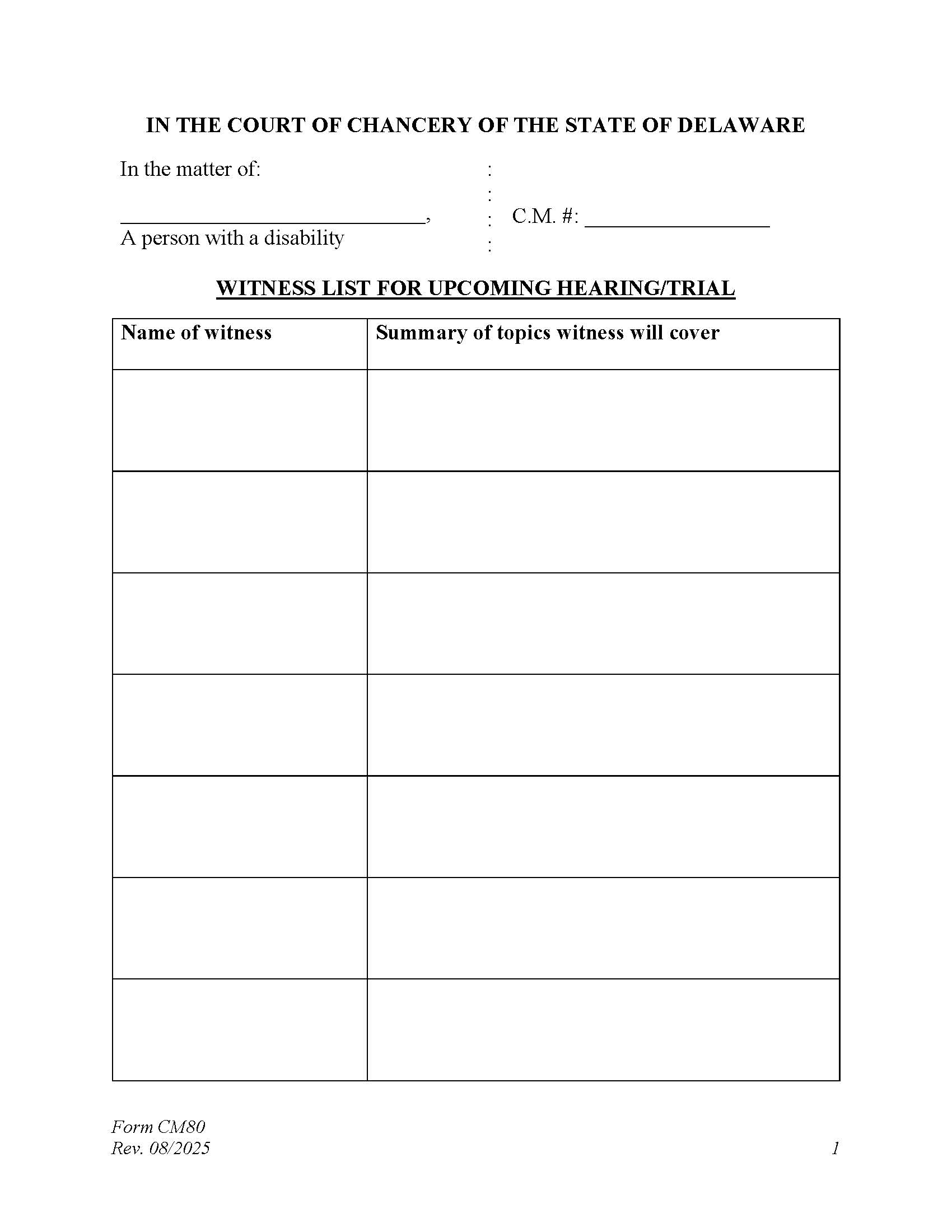Witness List {CM80} | Pdf Fpdf Docx | Delaware