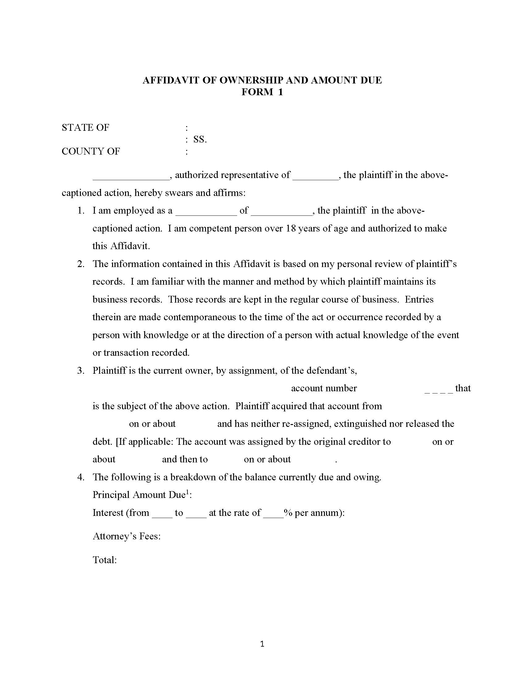 Affidavit Of Ownership And Amount Due (Form 1) {1} | Pdf Fpdf Docx | Delaware