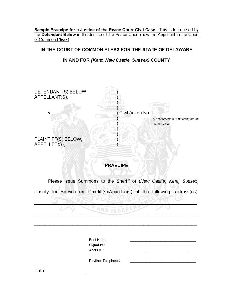 Appeal Praecipe For JP Court Appeal-Defendant  | Pdf Fpdf Doc Docx | Delaware