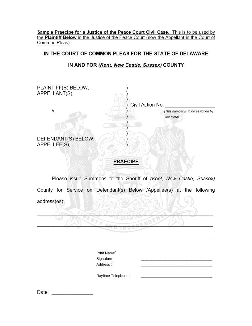 Appeal Praecipe For JP Court Appeal-Plaintiff  | Pdf Fpdf Doc Docx | Delaware