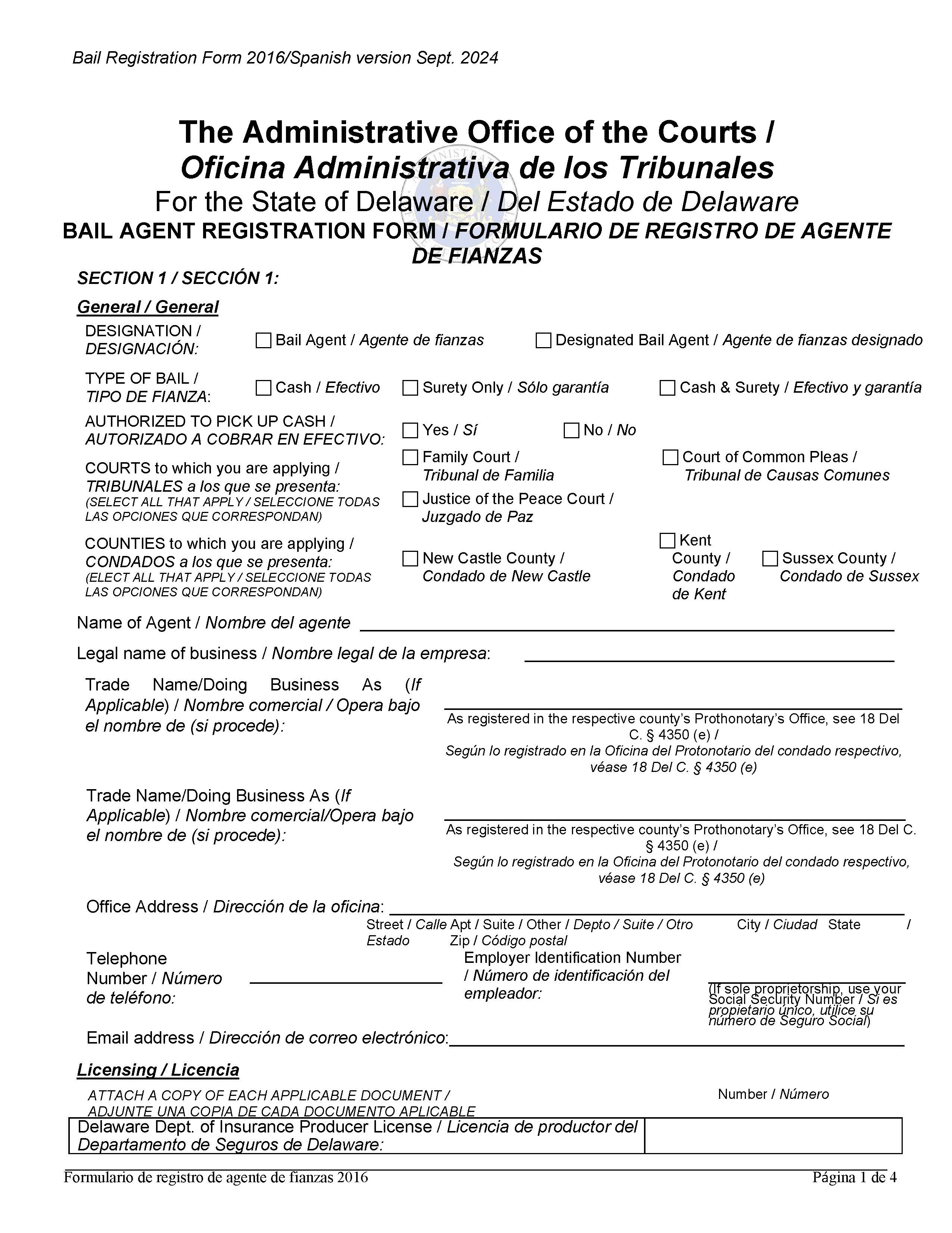 Bail Agent Registration Form (2016) | Pdf Fpdf Doc Docx | Delaware