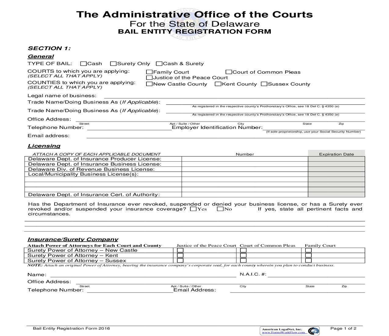 Bail Entity Registration Form (2016) | Pdf Fpdf Doc Docx | Delaware