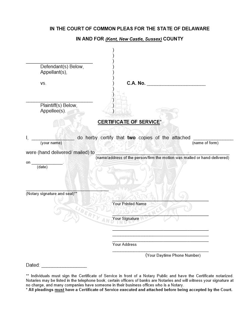 Certificate Of Service (Court Of Common Pleas) | Pdf Fpdf Doc Docx | Delaware