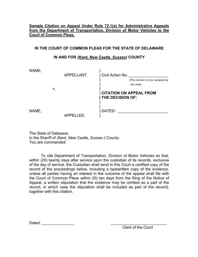 Citation On Appeal (Motor Vehicle) | Pdf Fpdf Doc Docx | Delaware