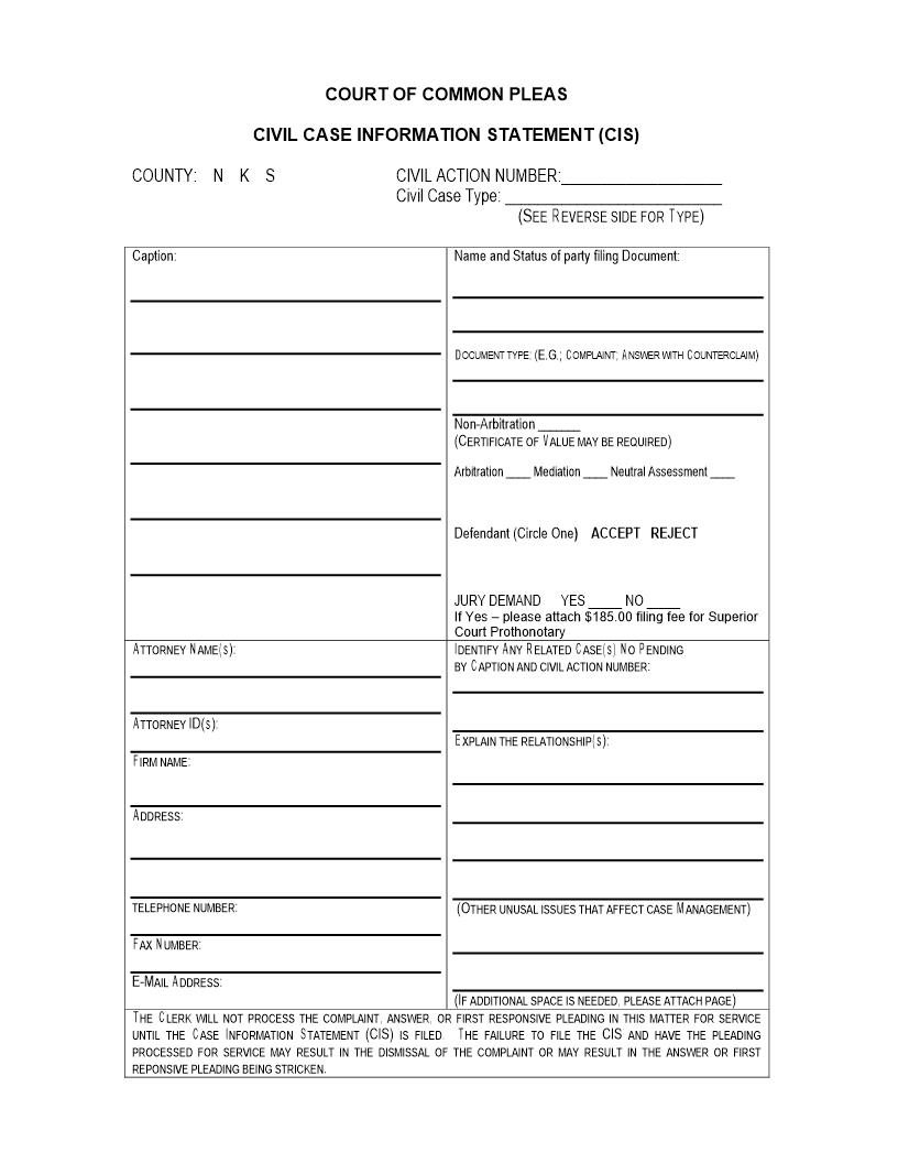 Civil Case Information Statement (CIS) | Pdf Fpdf Doc Docx | Delaware