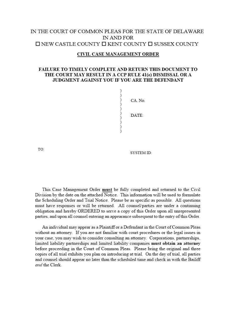 Civil Case Management Worksheet | Pdf Fpdf Docx | Delaware