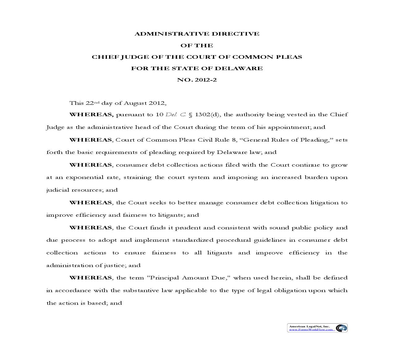 Consumer Debt Collection Actions-Form Affidavits (Administrative Directive 2012-2) | Pdf Fpdf Doc Docx | Delaware