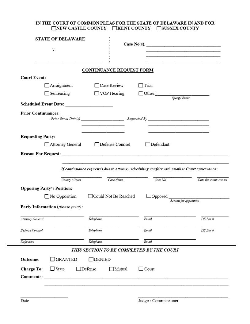 Continuance Request Form-Court of Common Pleas | Pdf Fpdf Docx | Delaware
