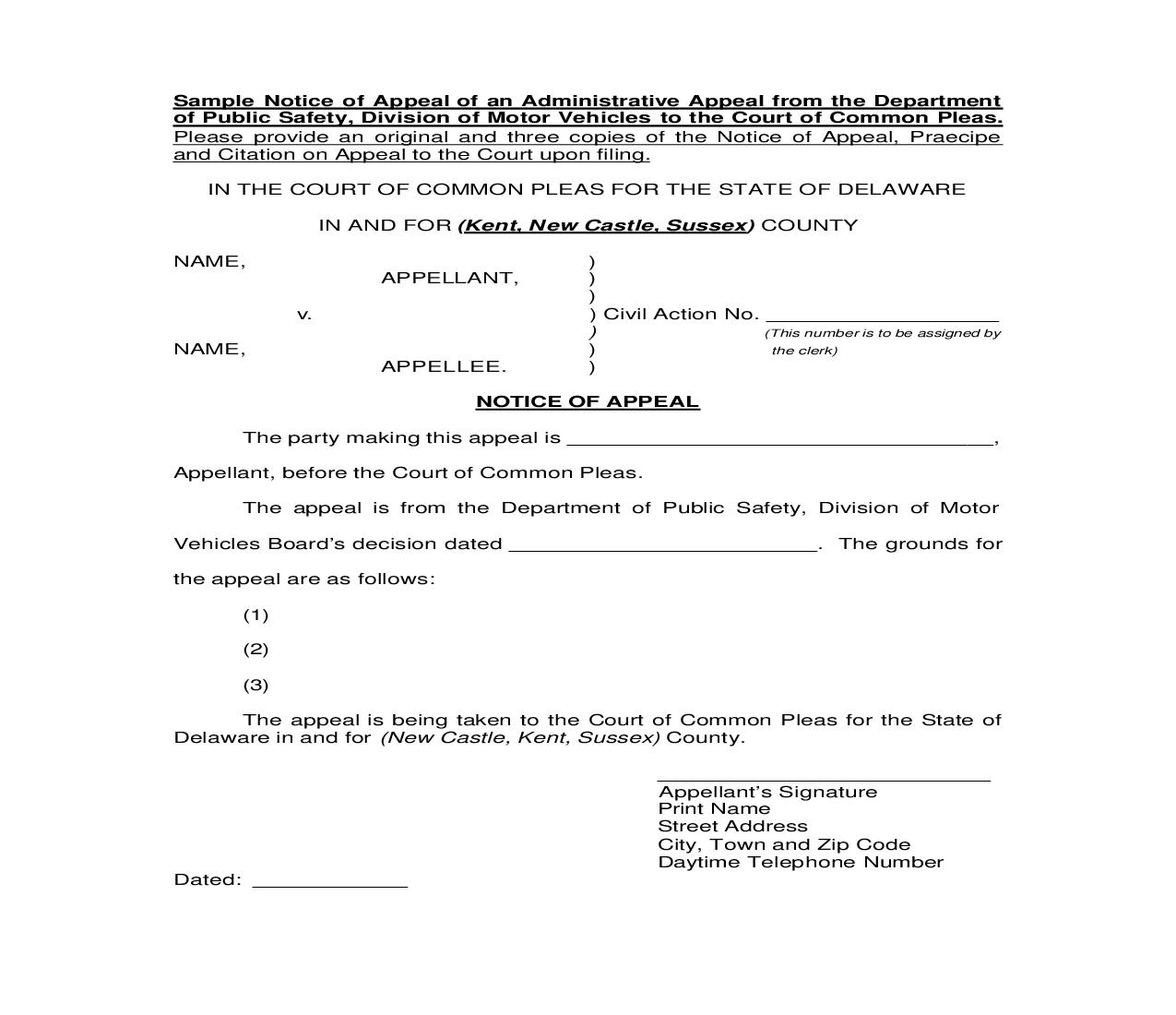 Notice Of Appeal (Motor Vehicle) | Pdf Fpdf Doc Docx | Delaware