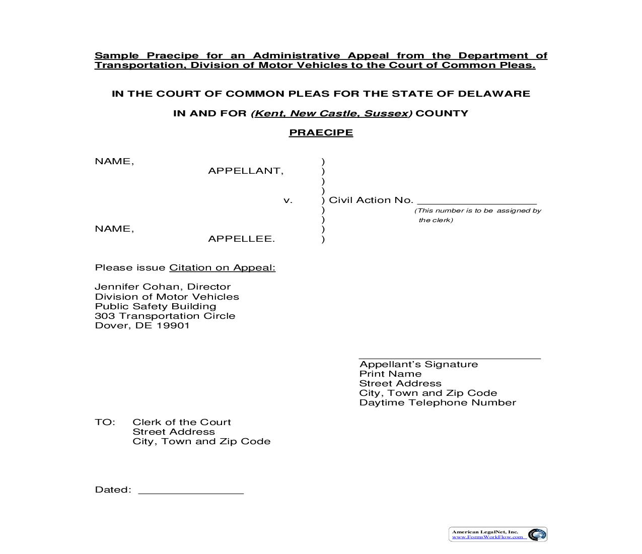 Praecipe (Motor Vehicle Appeal) | Pdf Fpdf Doc Docx | Delaware