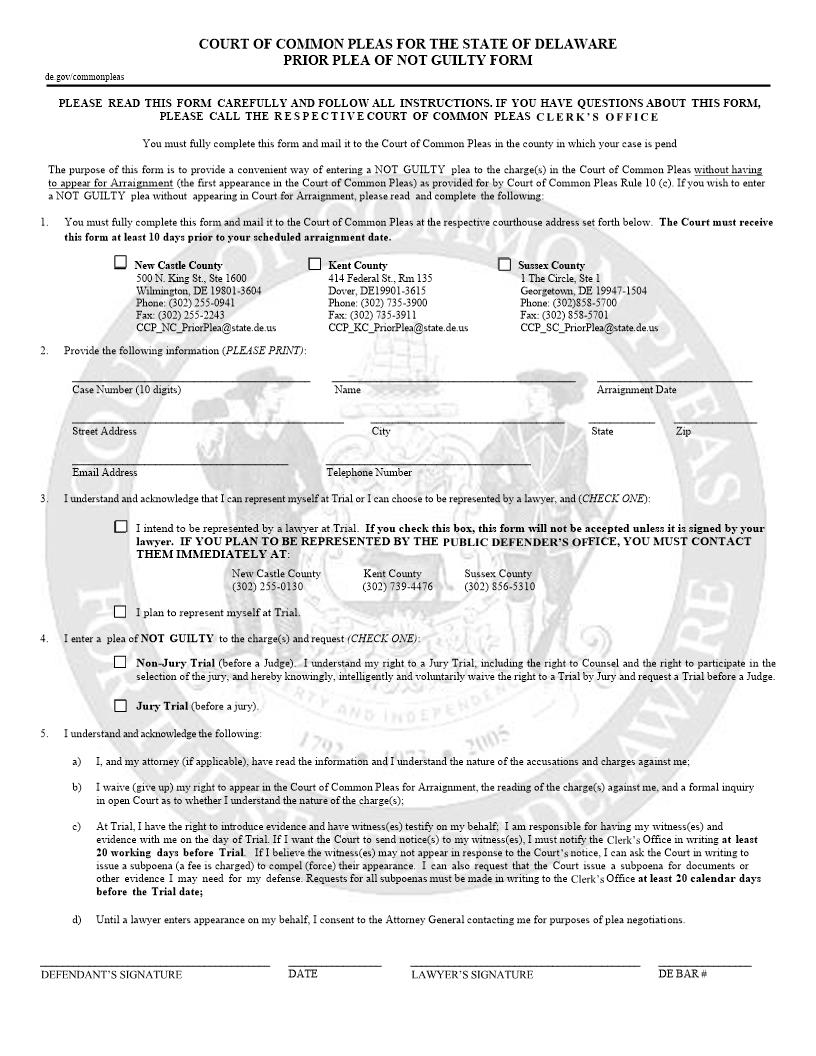 Prior Plea Of Not Guilty | Pdf Fpdf Doc Docx | Delaware