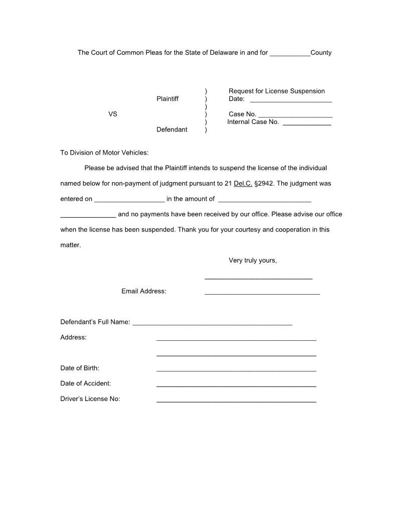 Request For License Suspension | Pdf Fpdf Docx | Delaware