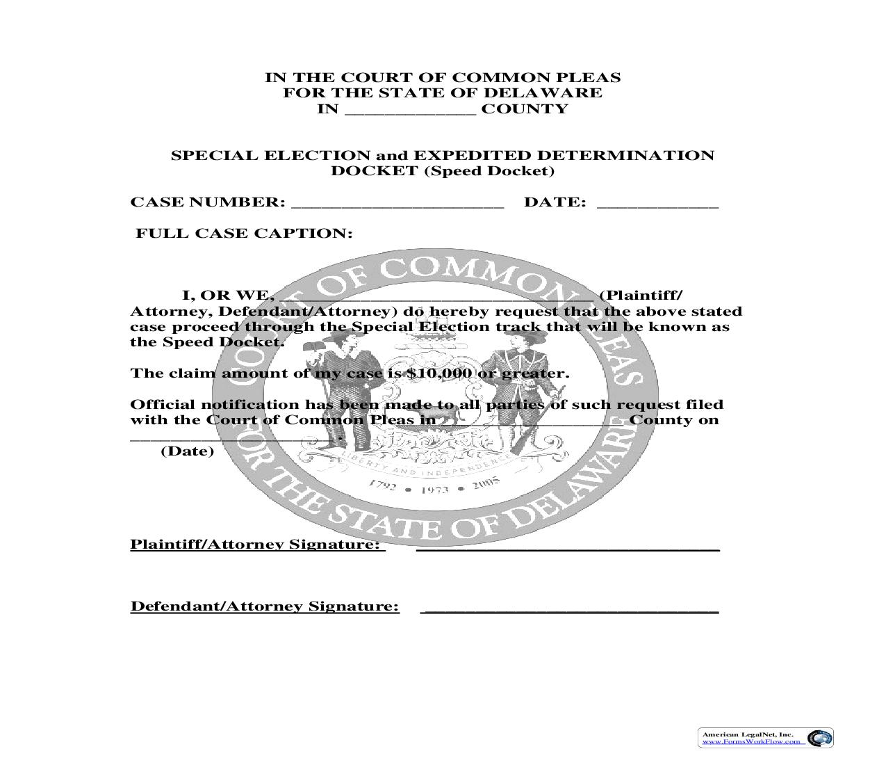 Special Election And Expedited Determination Docket (Speed Docket) | Pdf Fpdf Doc Docx | Delaware