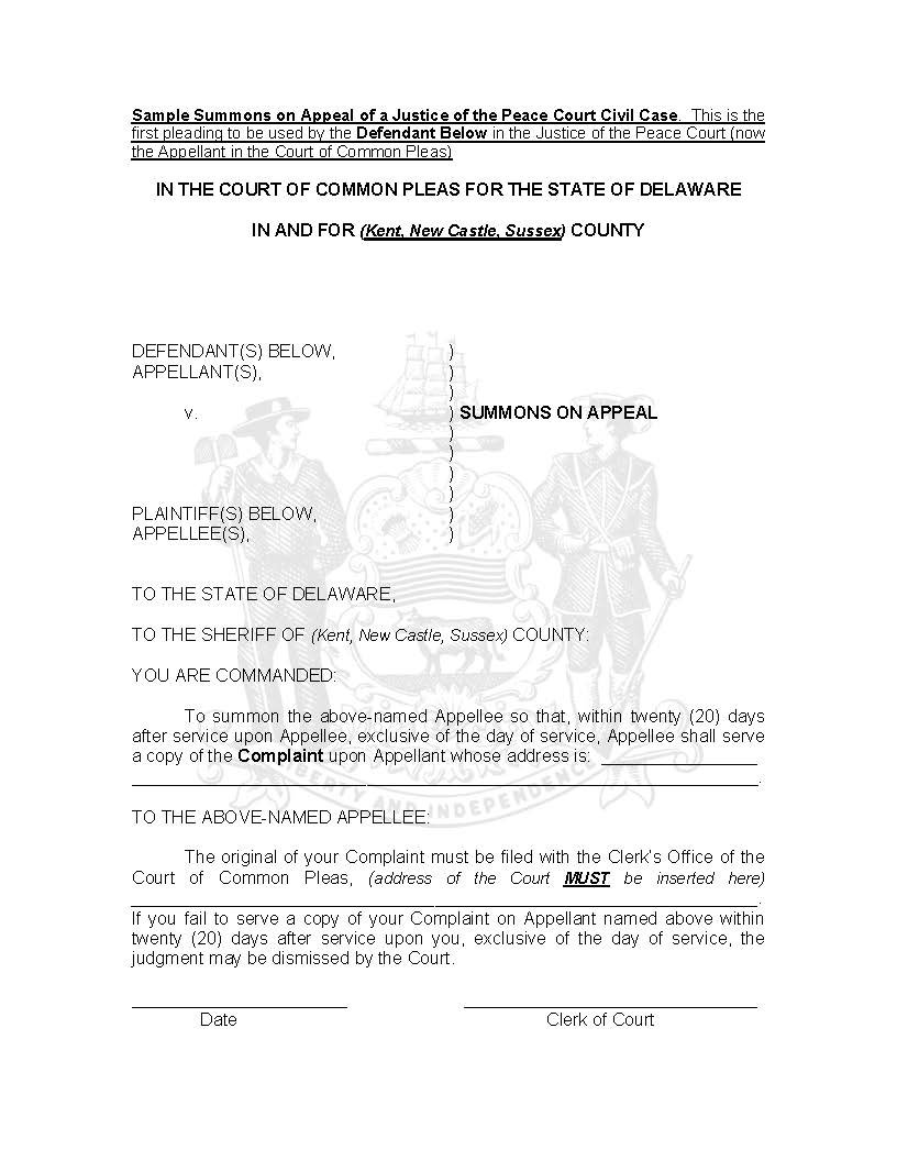 Summons (On Appeal-Defendant) | Pdf Fpdf Doc Docx | Delaware