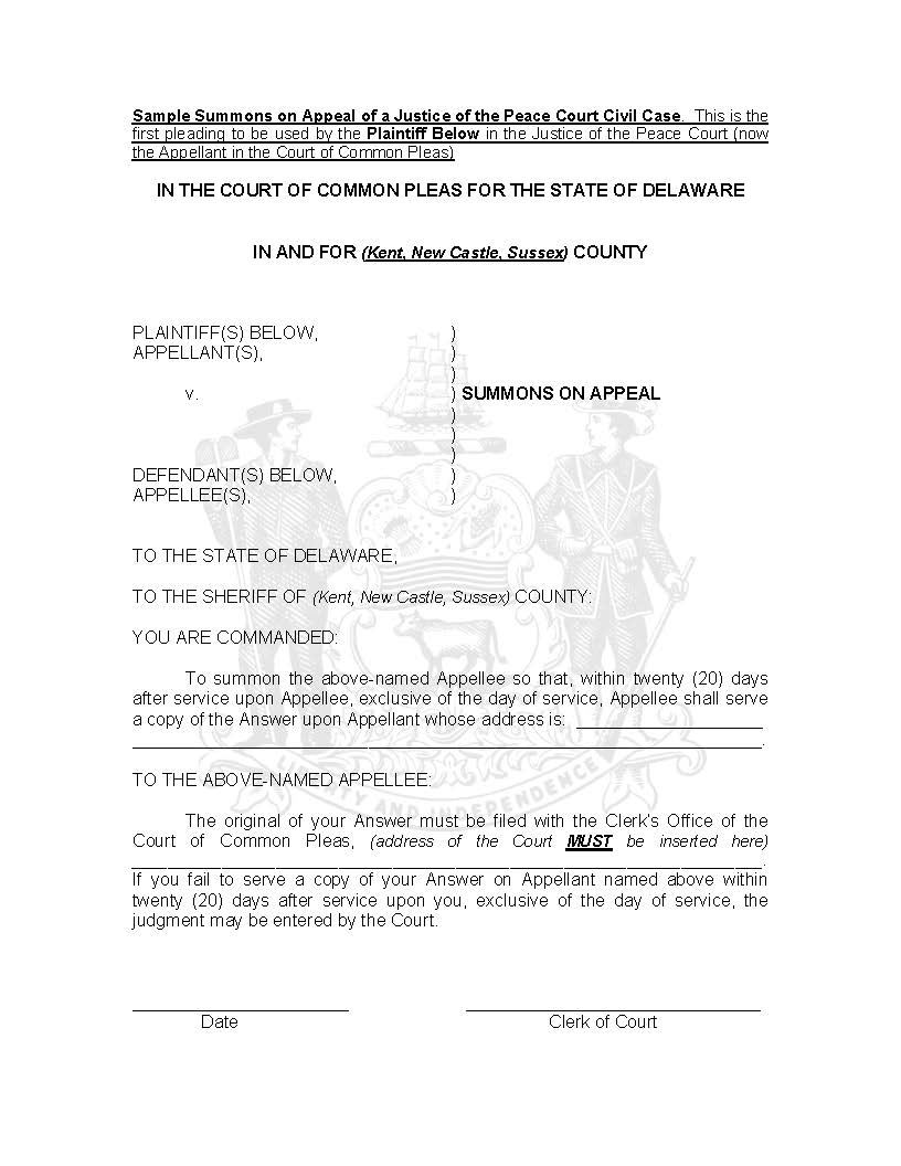 Summons (On Appeal-Plaintiff) | Pdf Fpdf Doc Docx | Delaware