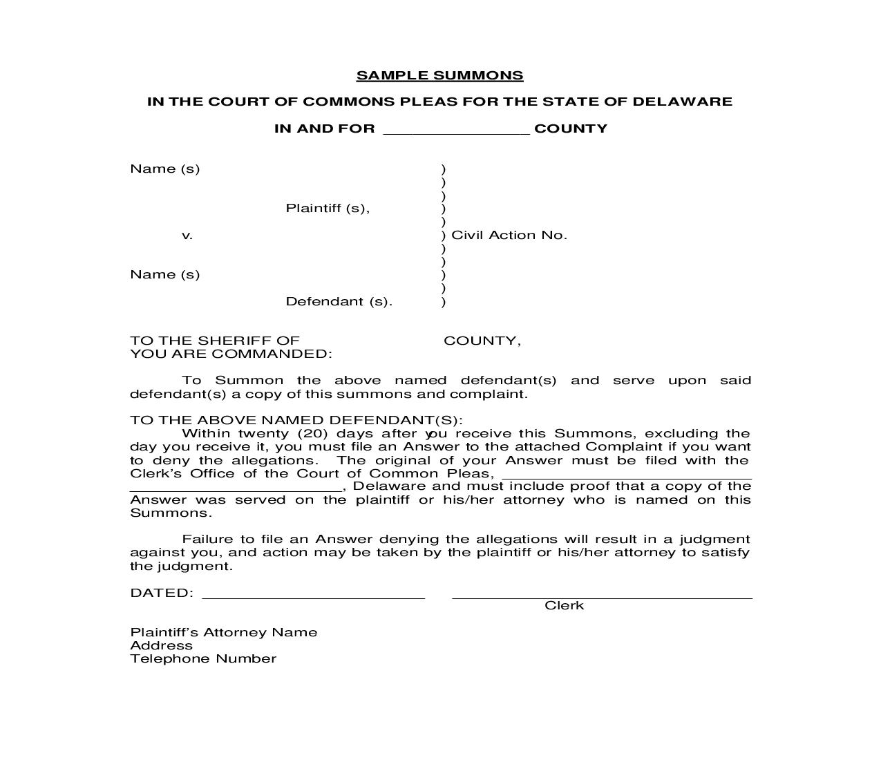 Summons | Pdf Fpdf Doc Docx | Delaware