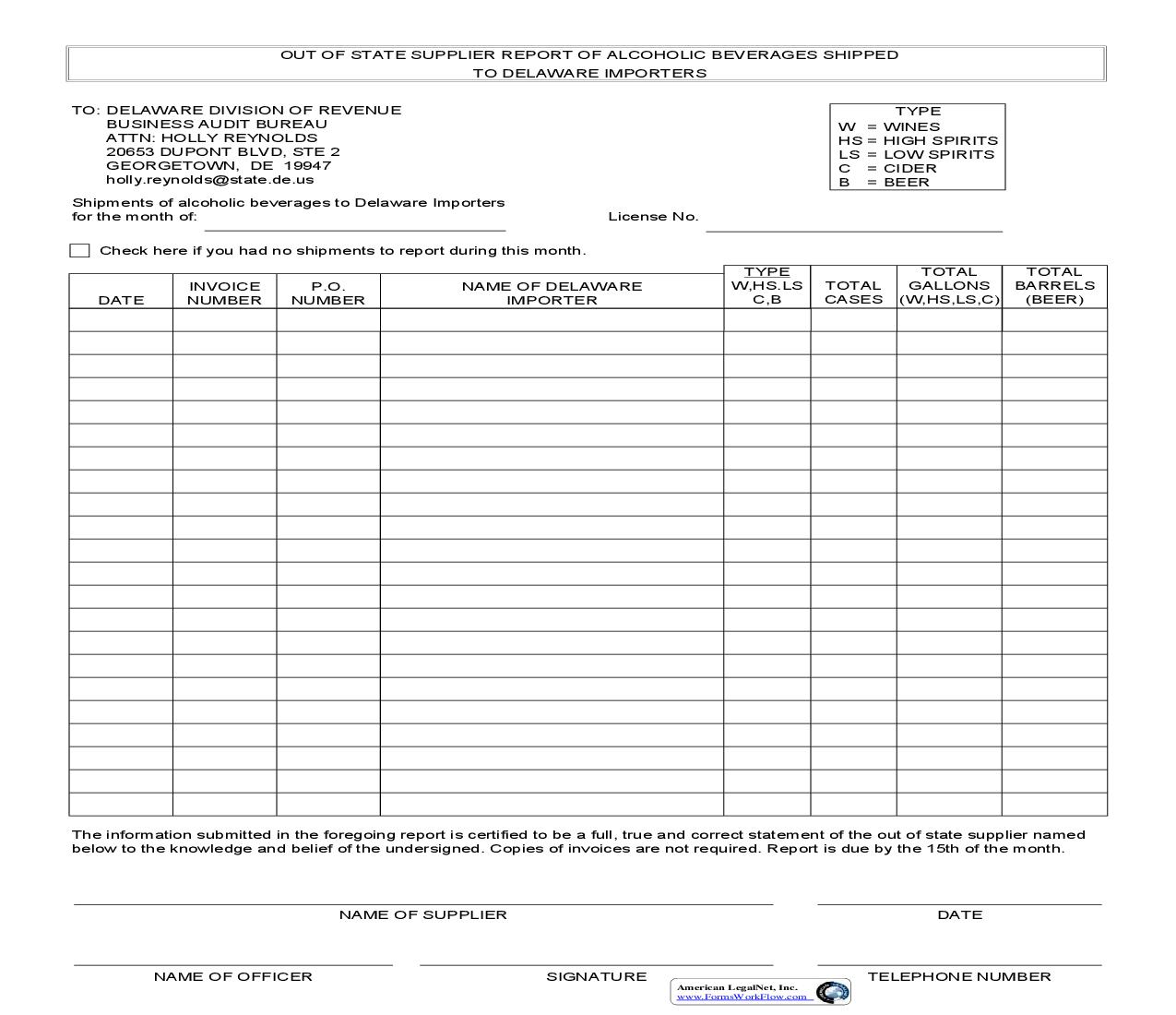 Out Of State Supplier Report Of Alcoholic Beverages Shipped To Delaware Importers | Pdf Fpdf Doc Docx | Delaware