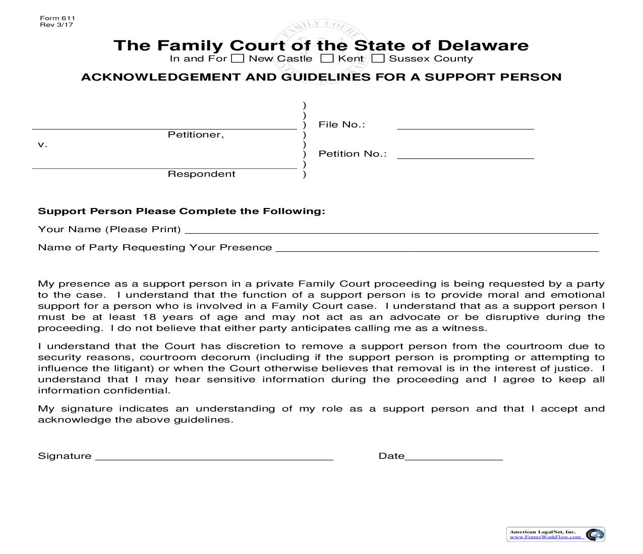 Acknowledgement And Guidelines For A Support Person {611} | Pdf Fpdf Doc Docx | Delaware